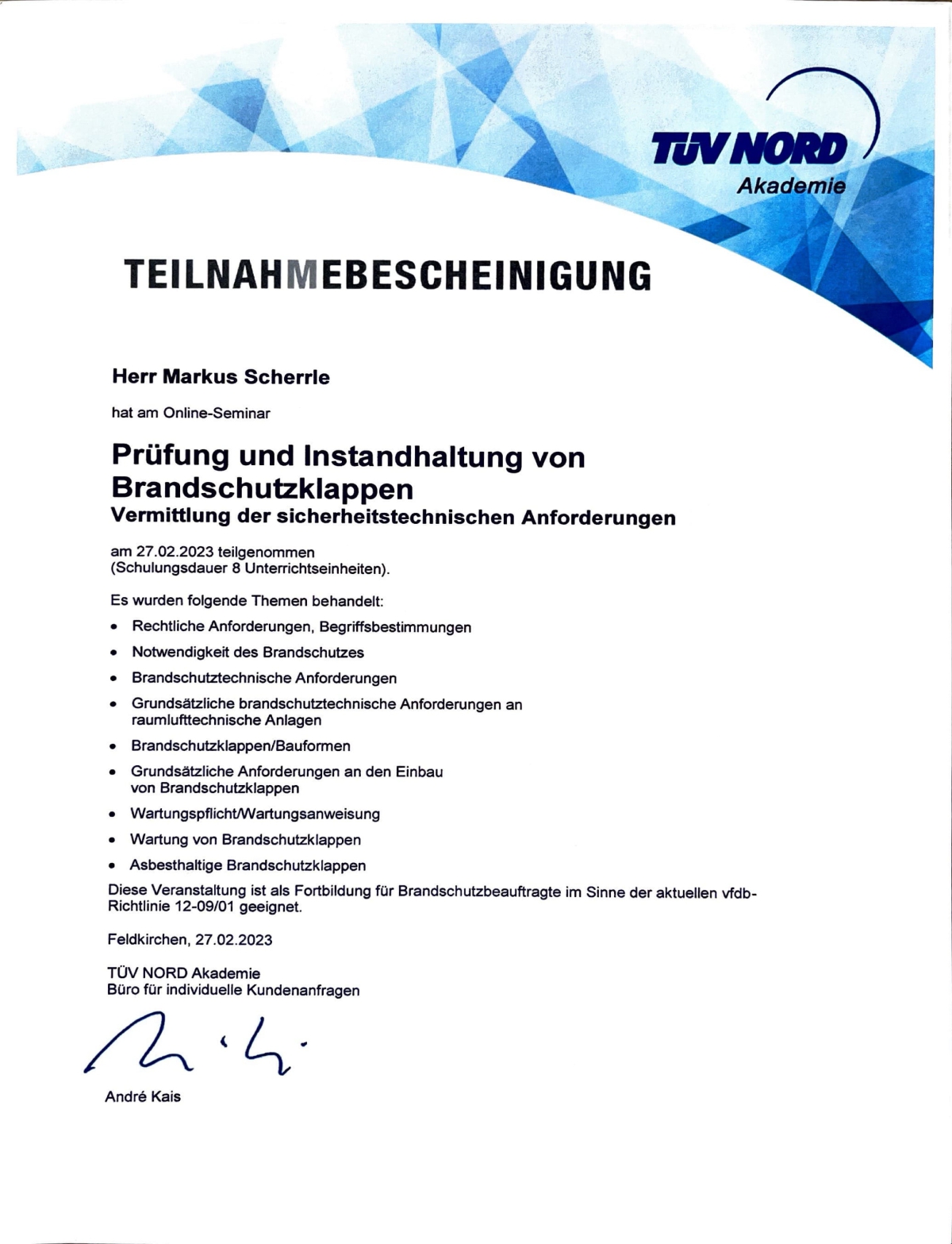 Teilnahmebescheinigung Brandschutzklappen