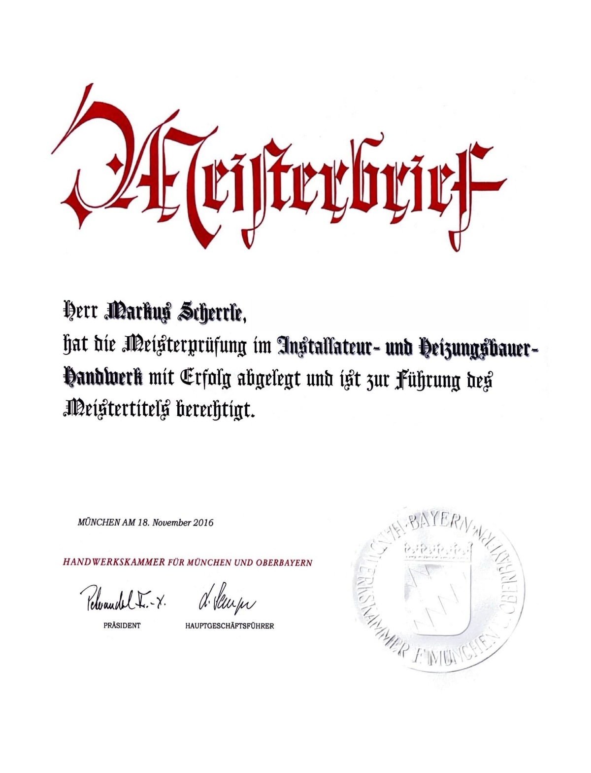 Meisterbrief Versorgungstechnik