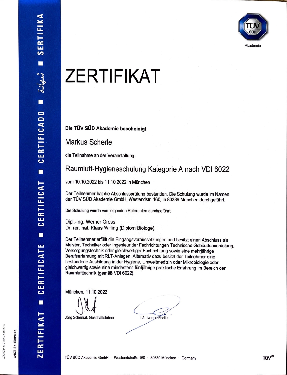 Hygieneschulung Urkunde VDI 6022