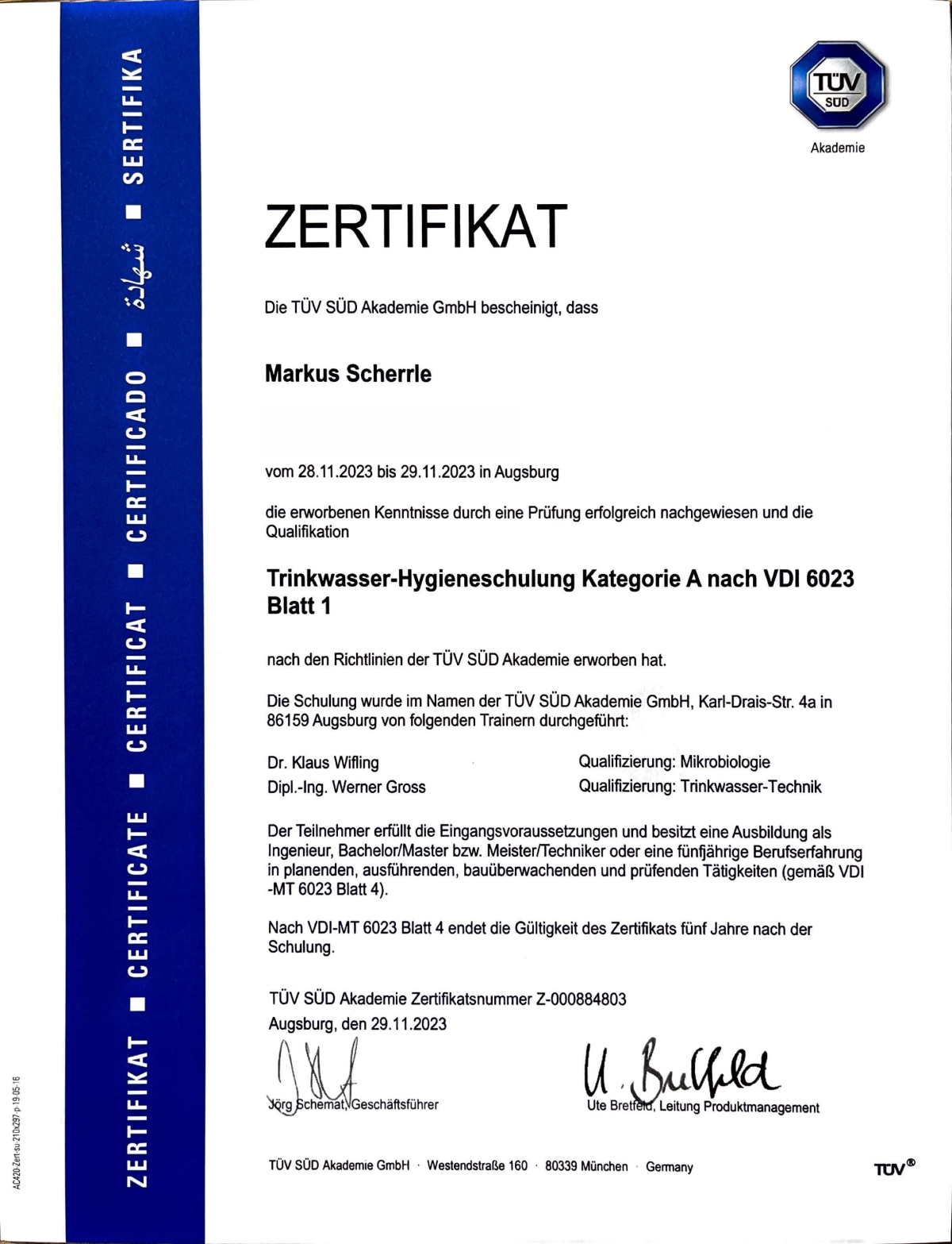 Hygieneschulung Urkunde VDI 6023